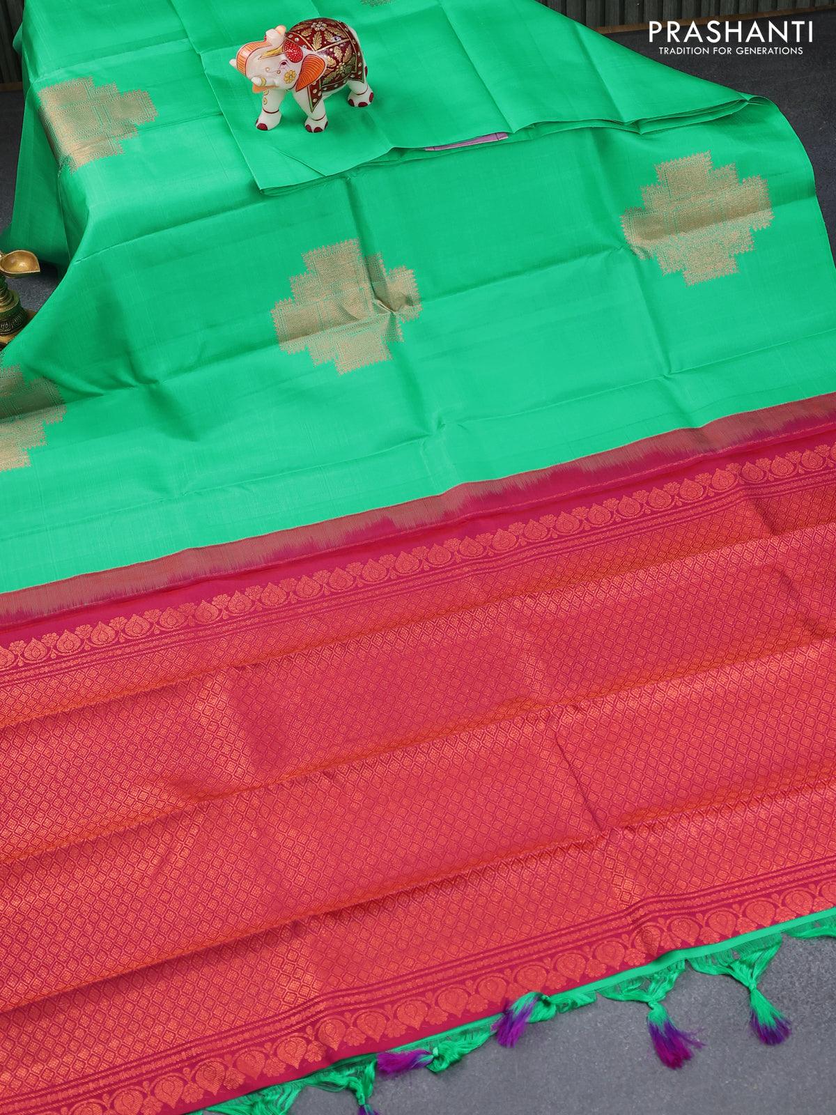 Pure Kanjivaram silk saree sea green and pink with copper zari woven buttas in borderless style