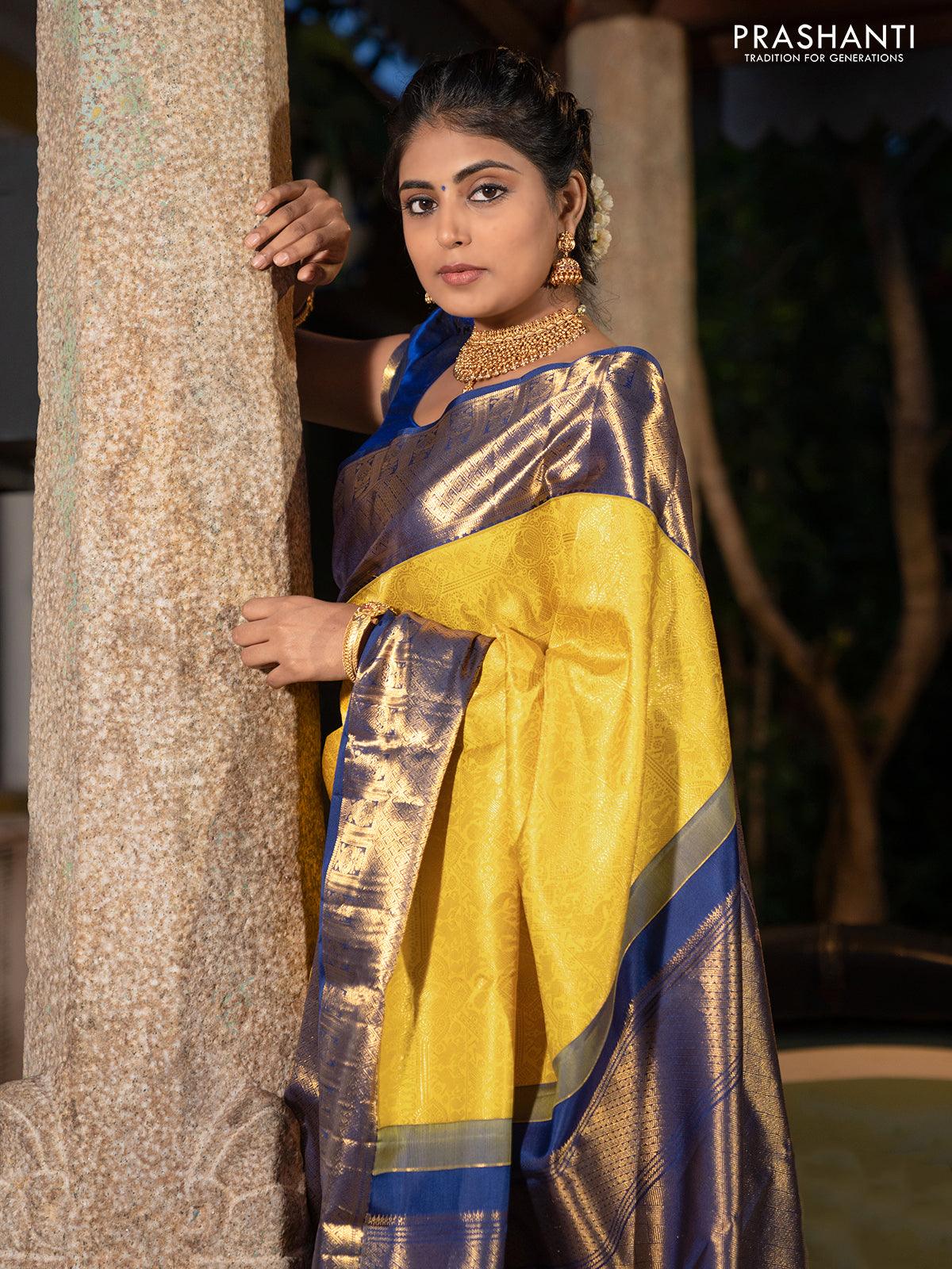 Buy online Linen Silk Saree with Silver Zari Woven border And Rich Pallu-  Yellow-AF555