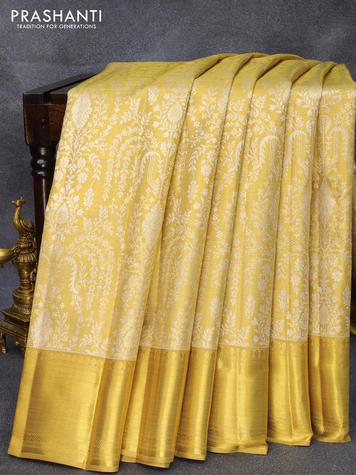 Lemon Yellow Kanjivaram Silk Saree With Floral Pattern – Cherrypick