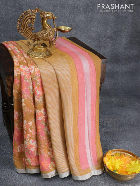 pure linen saree mustard shade with allover floral prints and silver zari woven piping border prashanti sarees 1 grande
