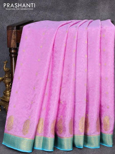 Hot Pink Handloom Tussar Silk Banarasi Saree With Blue Border – WeaverStory