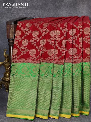 Pure mysore silk saree red and green with allover floral zari woven brocade weaves and long zari woven border