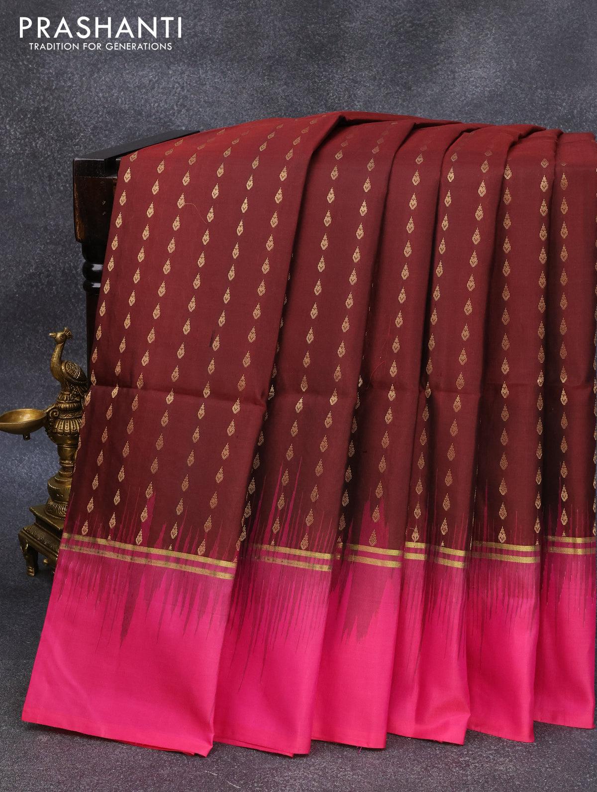 CODE WS885 : Dark maroon fancy dola silk saree (soft and silky)with  beautiful floral prints all over, gap borders, printed stripes as pallu,  plain running blouse with borders.