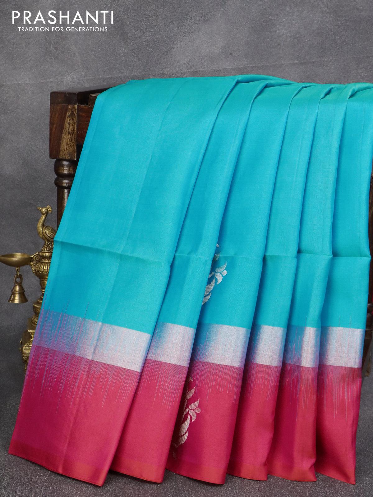 Pure soft silk saree light blue and dual shade of pink with silver & copper zari woven floral buttas and silver zari woven simple border