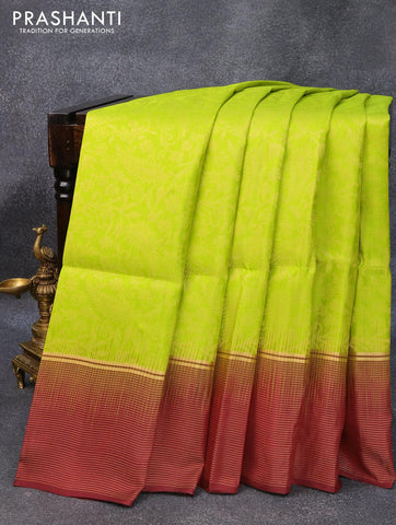 Pure soft silk saree lime green and maroon with allover zari woven brocade weaves and zari woven simple border