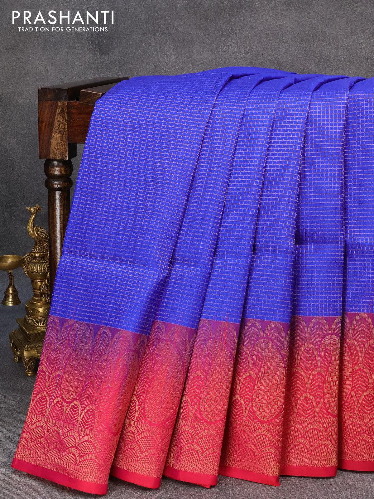 Pure soft silk saree royal blue and pink with allover small zari checked pattern and rich zari woven border