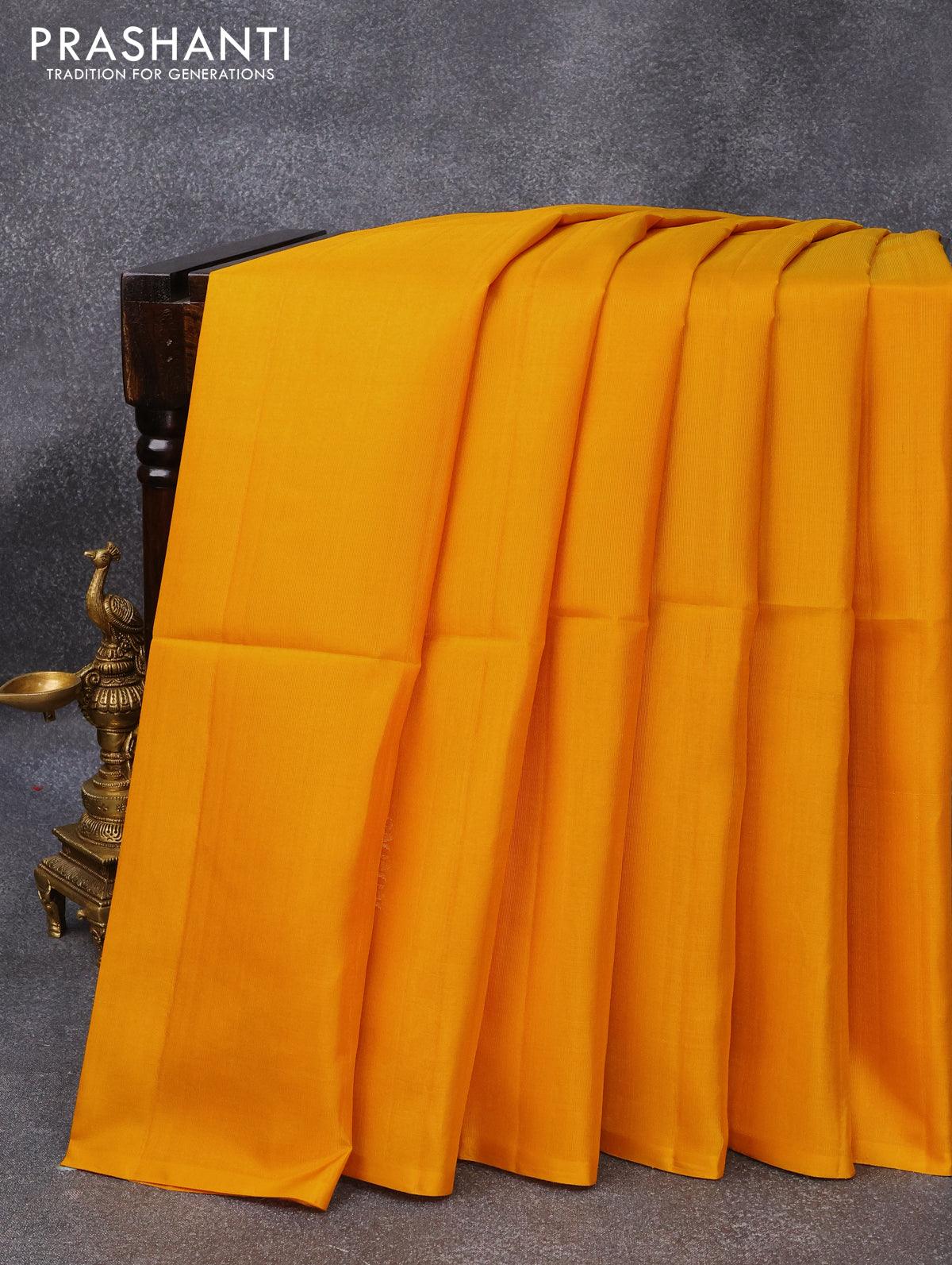 Pure soft silk saree yellow and violet with zari woven buttas in borderless style