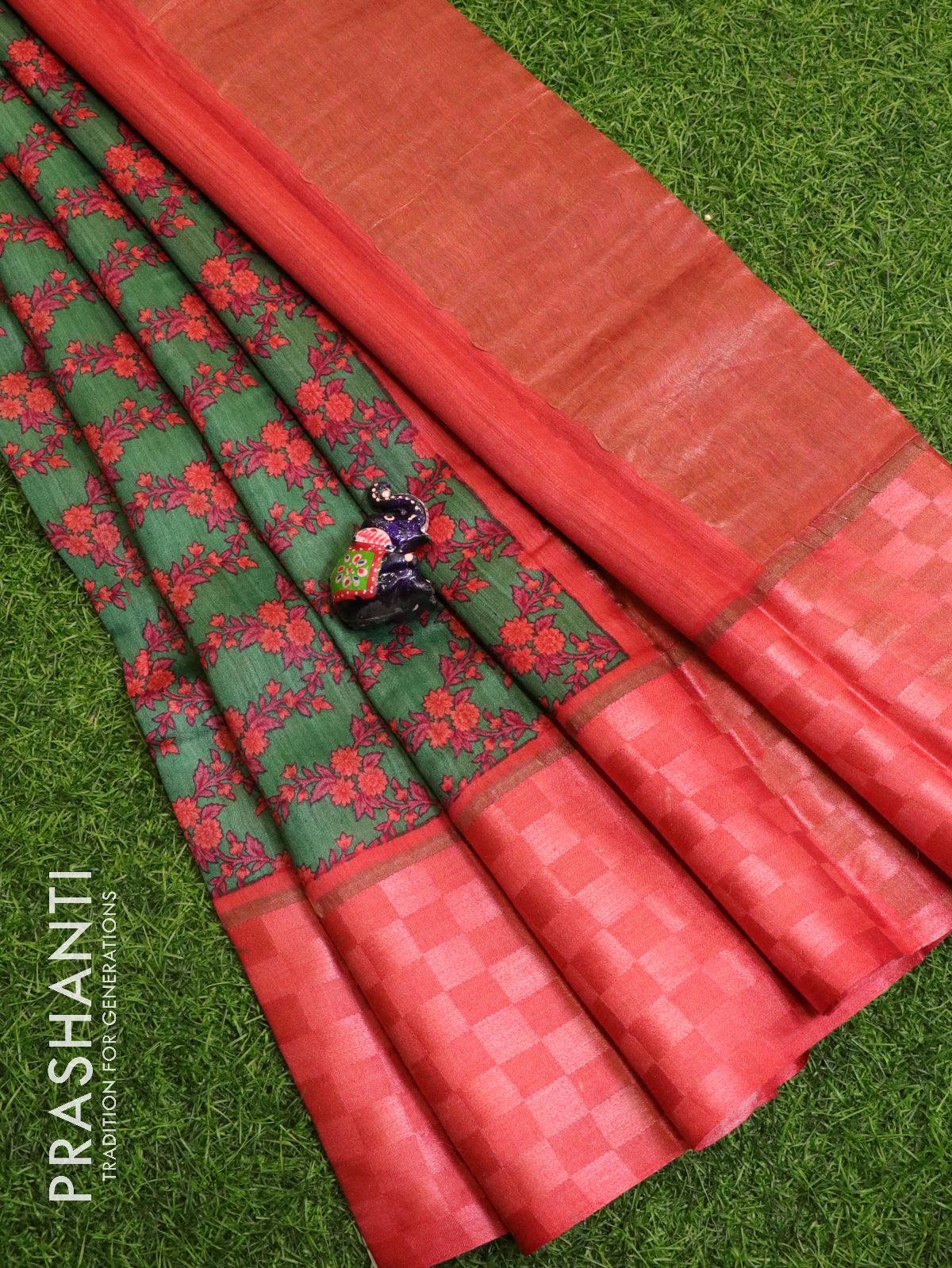 Pure tussar georgette saree green and red with allover floral prints and contrast border