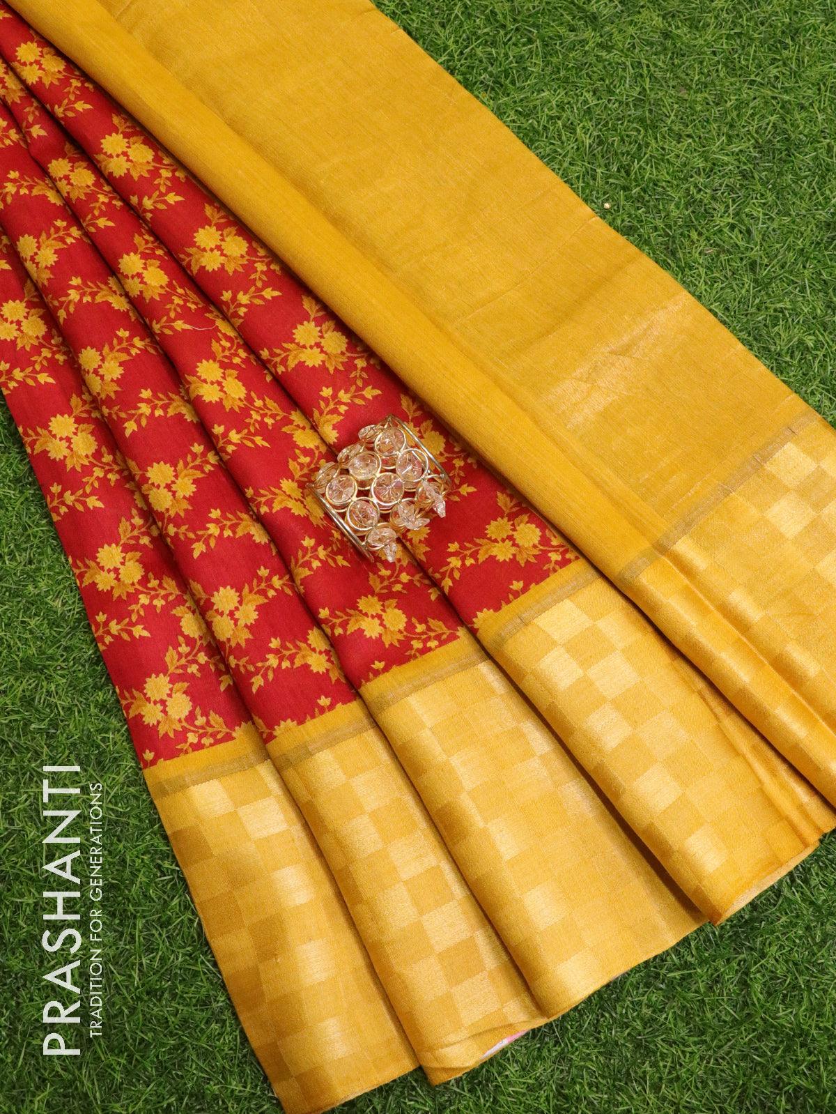 Pure tussar georgette saree red and mustard yellow with allover floral prints and contrast border