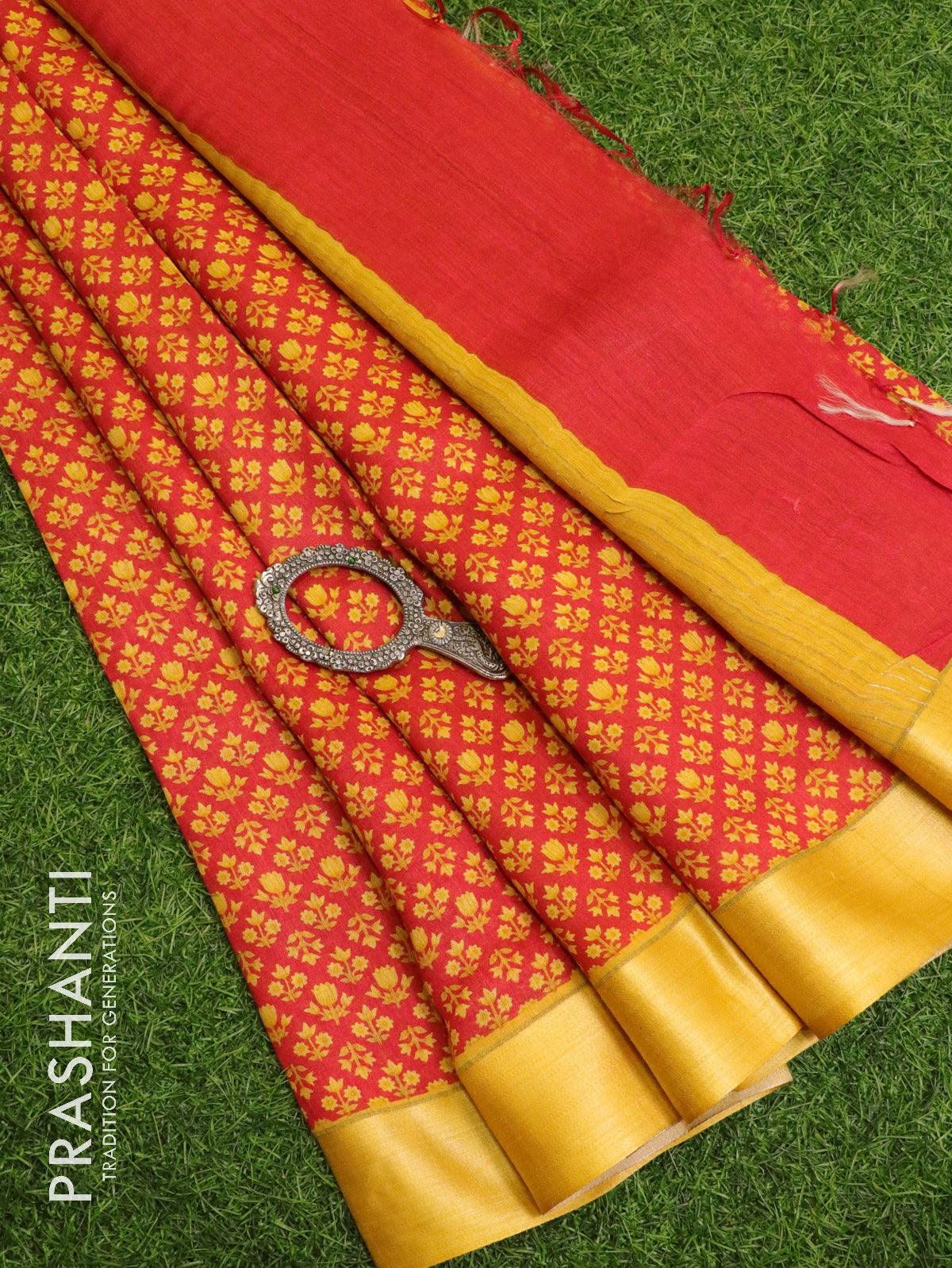 Pure tussar georgette saree red and yellow with allover floral prints and contrast border