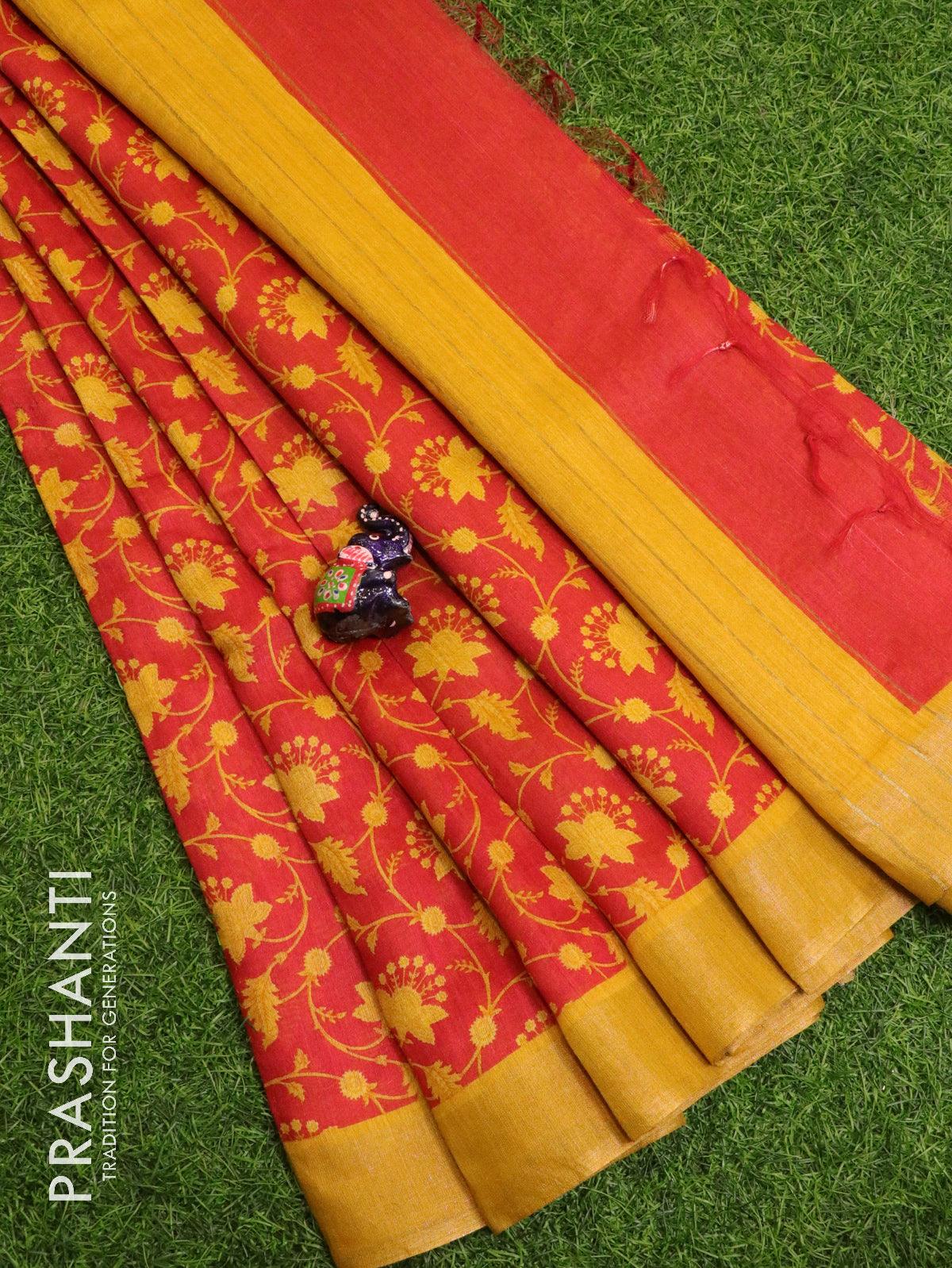 Pure tussar georgette saree red and yellow with allover floral prints and zari woven border