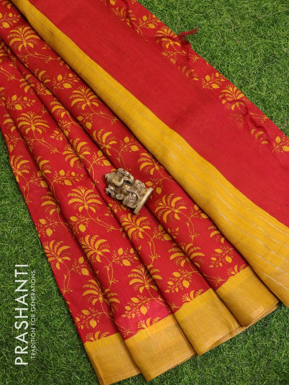 Pure tussar georgette saree red and yellow with allover floral prints and zari woven border