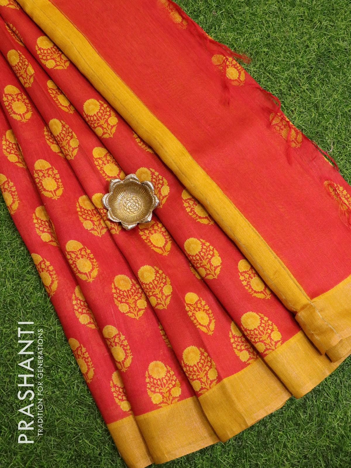 Pure tussar georgette saree red and yellow with allover floral prints and zari woven border