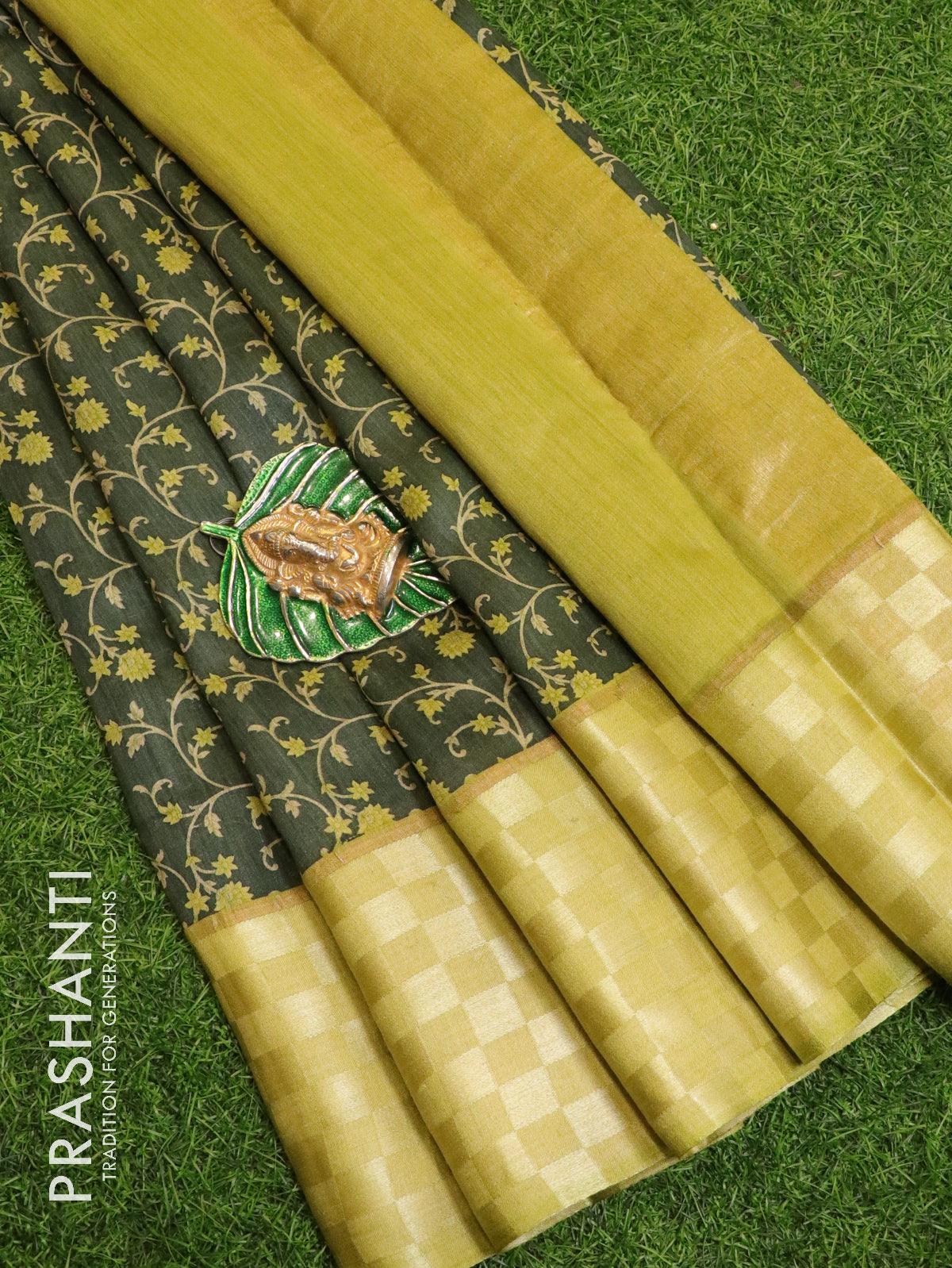 Pure tussar georgette saree sap green and light green with allover floral prints and contrast border