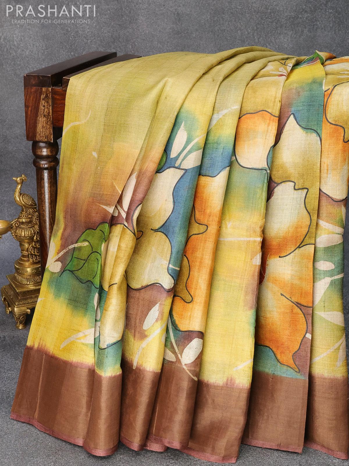 Banana Yellow Hand Painted Silk Sarees Silk Mark Certified Pure Tussar Saree  With Blouse Piece Zari Border Tussar Silk Saree for Women - Etsy