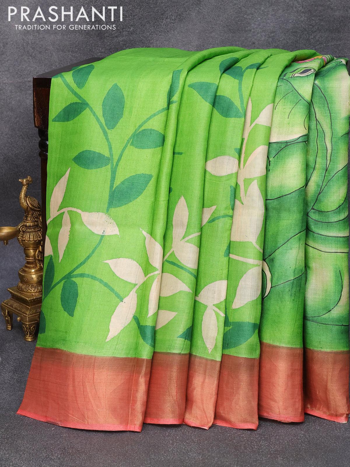 Parrot Green Kanjivaram Silk Saree with Embroidery Work - Urban Womania