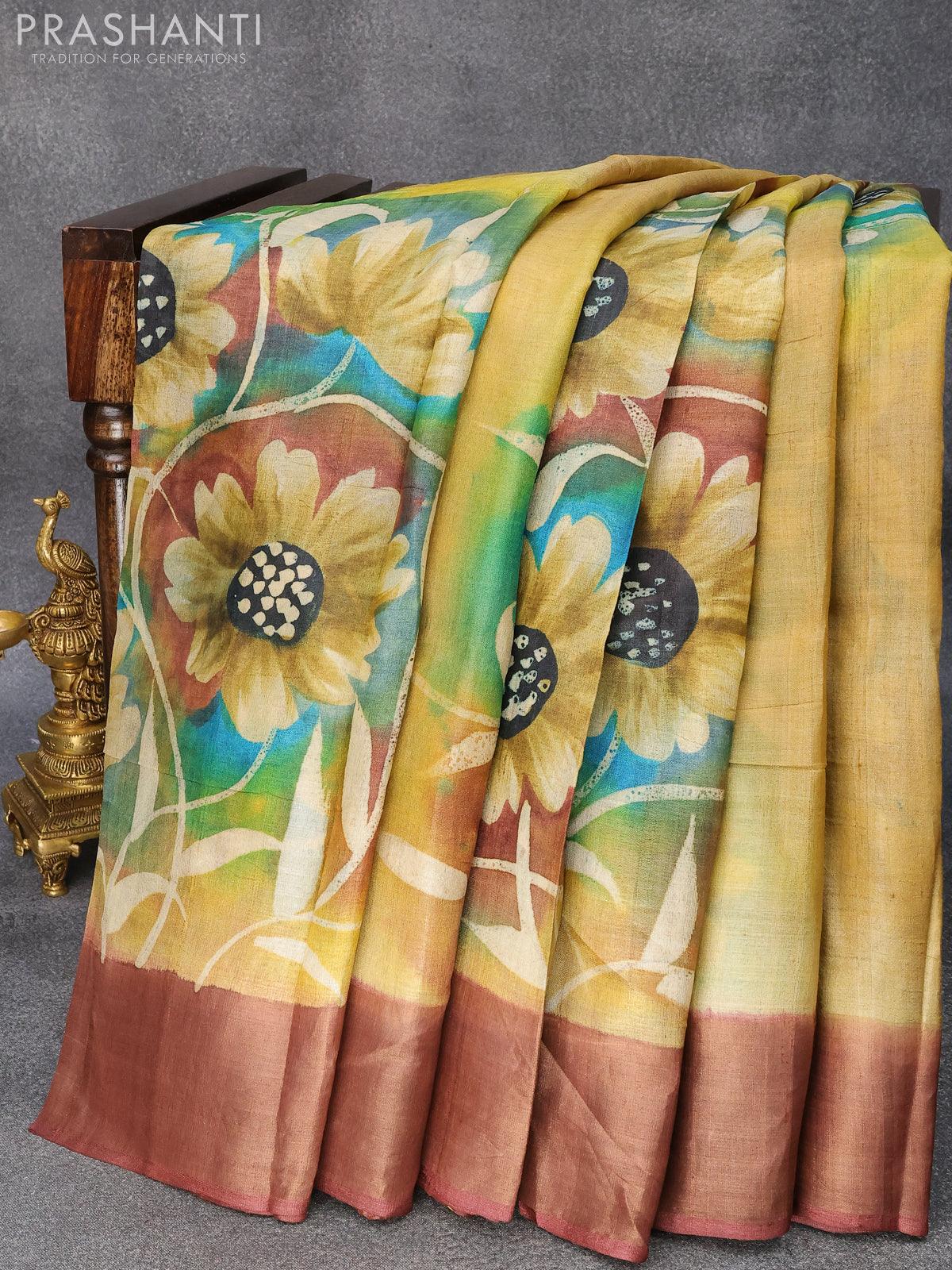 Buy Green Pure Handloom Pen Kalamkari Brush Painted With Acid Colors Tussar  Silk Saree-UNM75834 Online at Unnatisilks.com|UNM75834