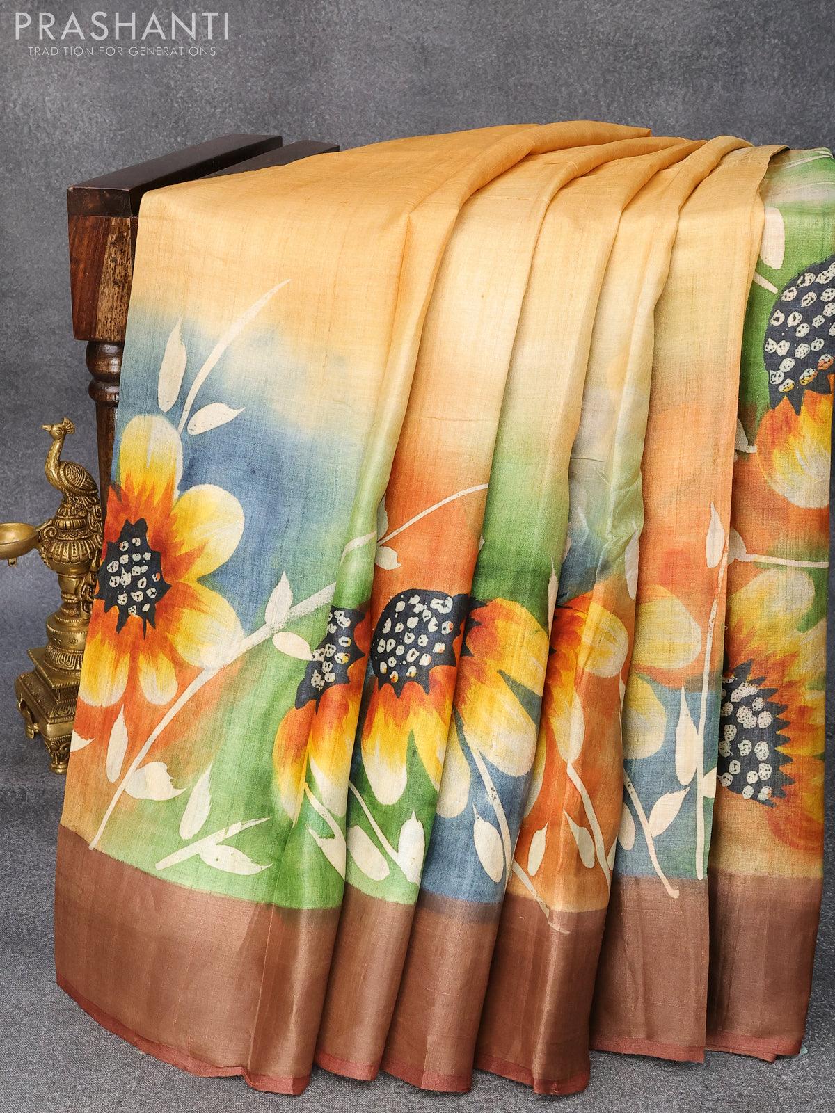 Pure tussar silk saree sap green and rust shade with hand painted flor –  Cherrypick