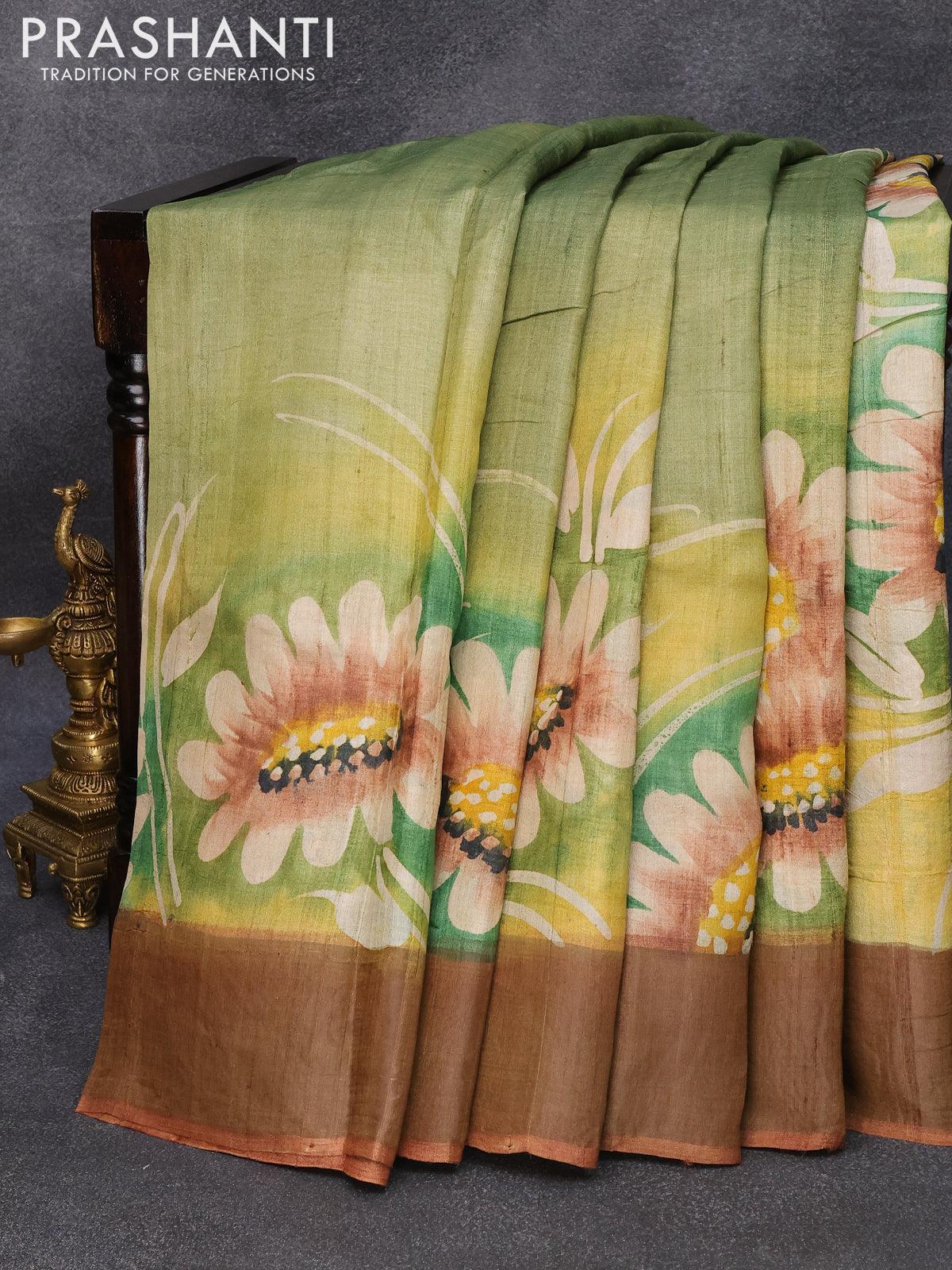 Pure tussar silk saree sap green and rust shade with hand painted flor –  Cherrypick