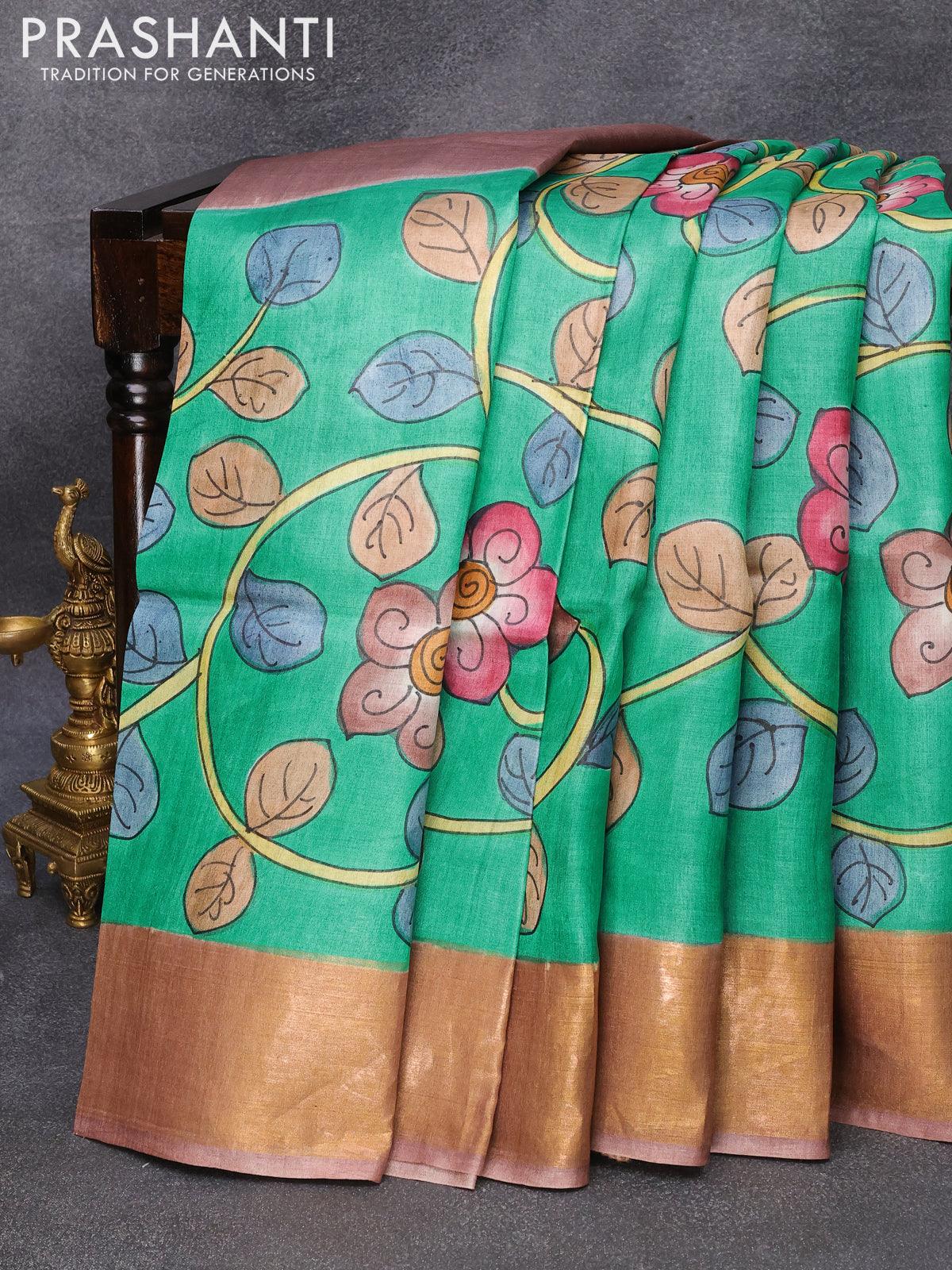 Light Green Handpainted Kalamkari Vidharbha Tussar Silk Saree with Peacock  Motif- Desically Ethnic
