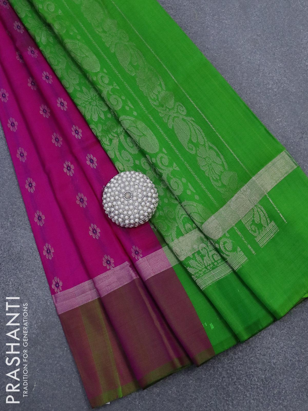 Pure uppada silk saree pink and light green with silver zari woven floral buttas and silver zari woven simple border