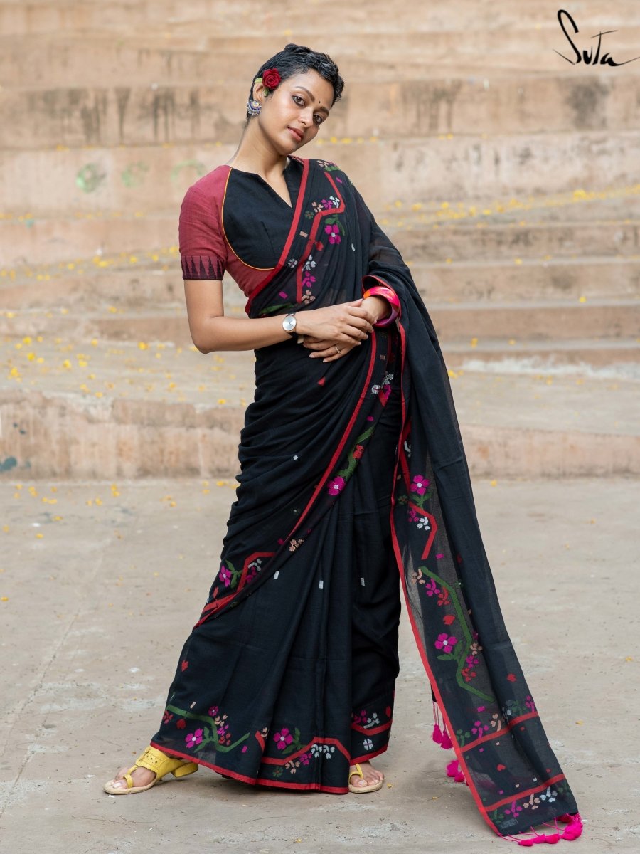 SALWAR STUDIO Red & Black Printed Sleeveless Cotton Blend Readymade Saree  Blouse - Absolutely Desi