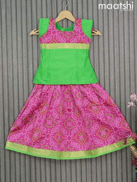Stunning parrot green color lehenga and blouse with pink color net dupata.  Blouse with heavy hand … | Pink half sarees, Saree color combinations, Half  saree designs
