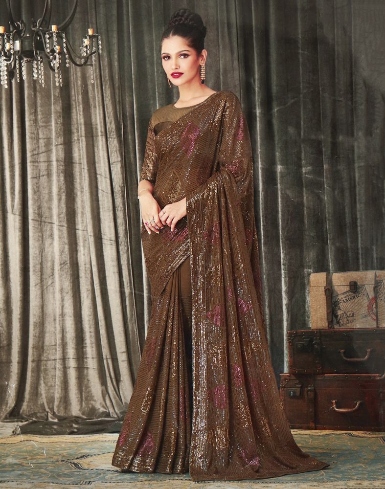 Semi georgette saree green with zari woven floral buttas and zari wove –  Cherrypick