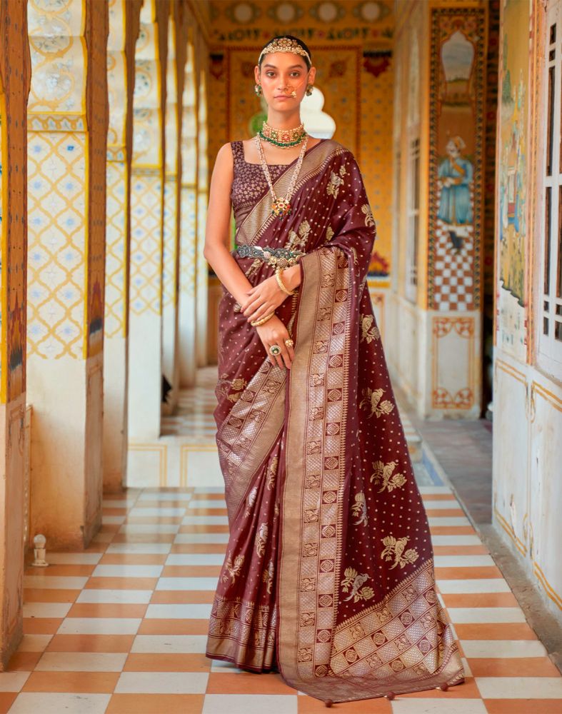 Brown Saree In Soft Silk With Floral Woven Border And Pallu - Shivam  E-Commerce at Rs 2099.00, Surat | ID: 2850572963862