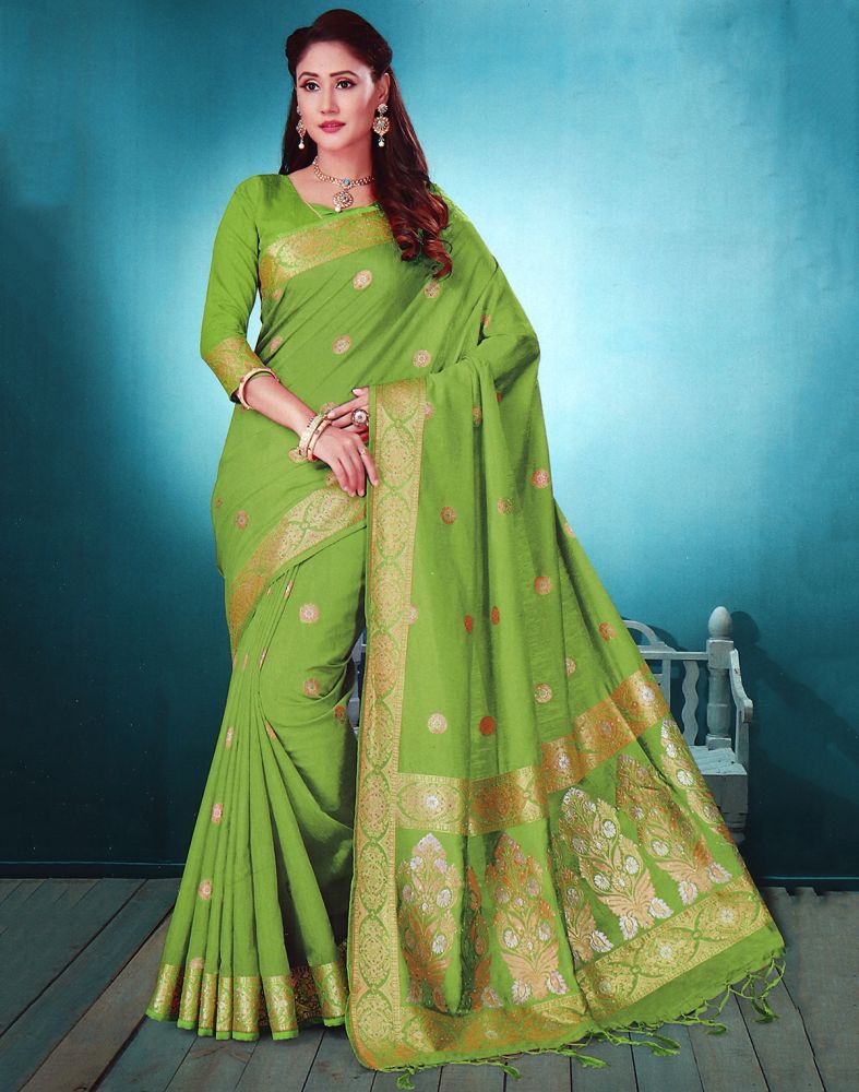 Light Green Floral Motifs Saree in Satin Organza with Cutdana Work...