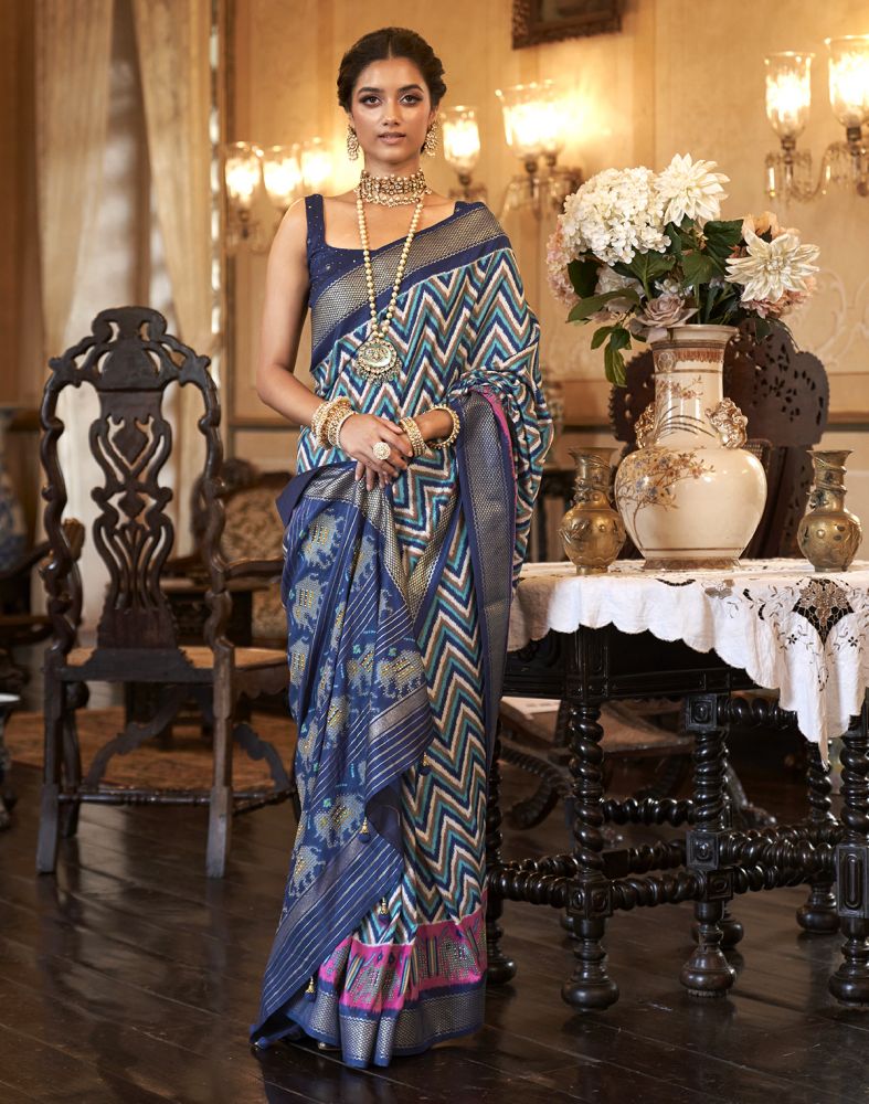 Soft Patola Saree with Kanjivaram Pattern Zari Woven Long Border - Roy –  Looms Legacy