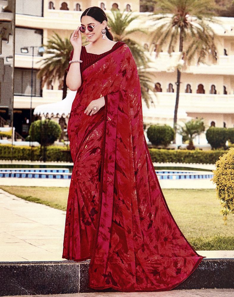 Black White Maroon Hand Block Printed Chiffon Saree - S031702320 | Stylish  sarees, Indian saree blouses designs, Saree models