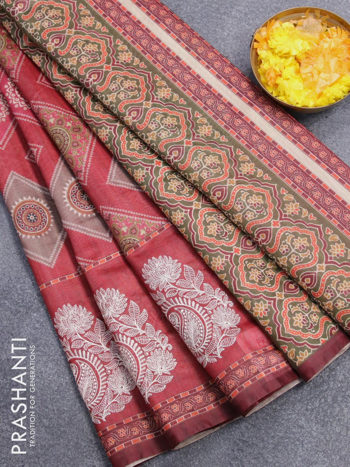 Deep Red Modal Silk Ajrakh-Bandhani Saree with Ajrakh Pallu-Border