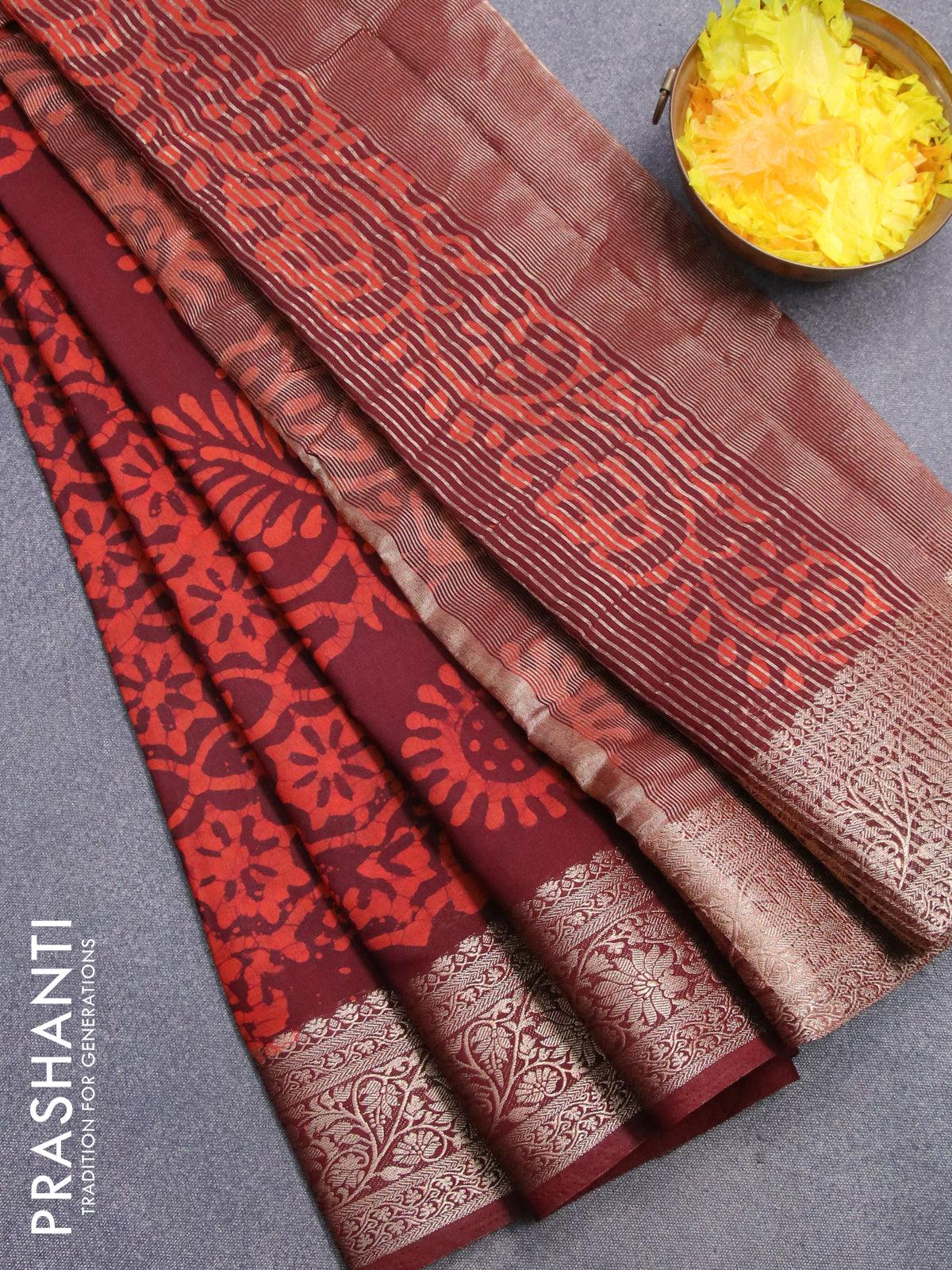 Semi dola saree maroon and orange with allover batik prints and