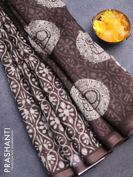Pure linen saree dark peach with allover floral prints and silver zari –  Cherrypick
