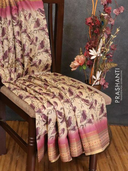 Semi linen saree sandal and brown with allover prints and simple border at  149000 by Prashanti – Prashanti Sarees