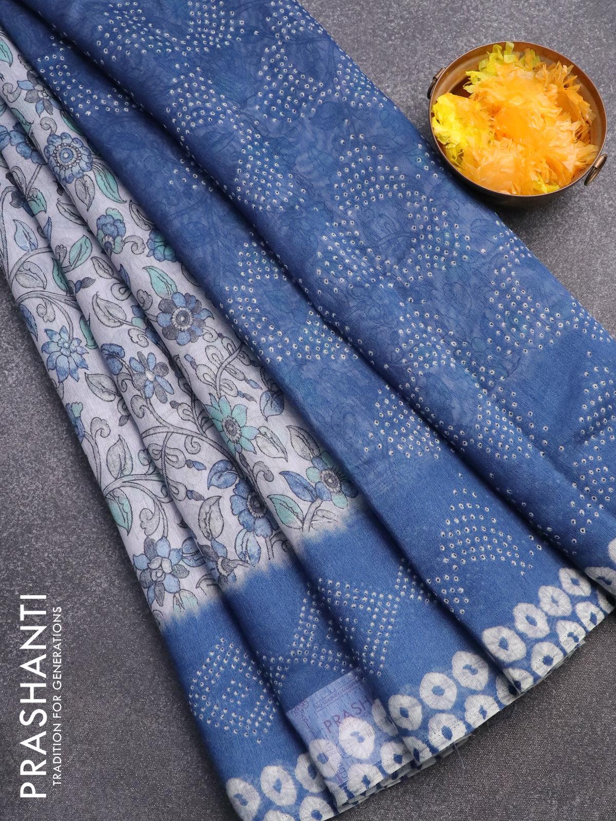 Linen cotton saree teal blue with allover floral prints and small silv – Prashanti  Sarees