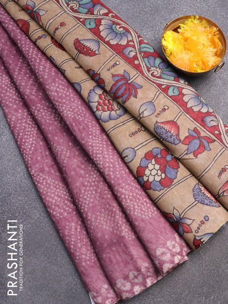 Semi linen saree black and sandal with allover bandhani prints & kalamkari  printed pallu and batik printed border at 125000 by Prashanti – Prashanti  Sarees