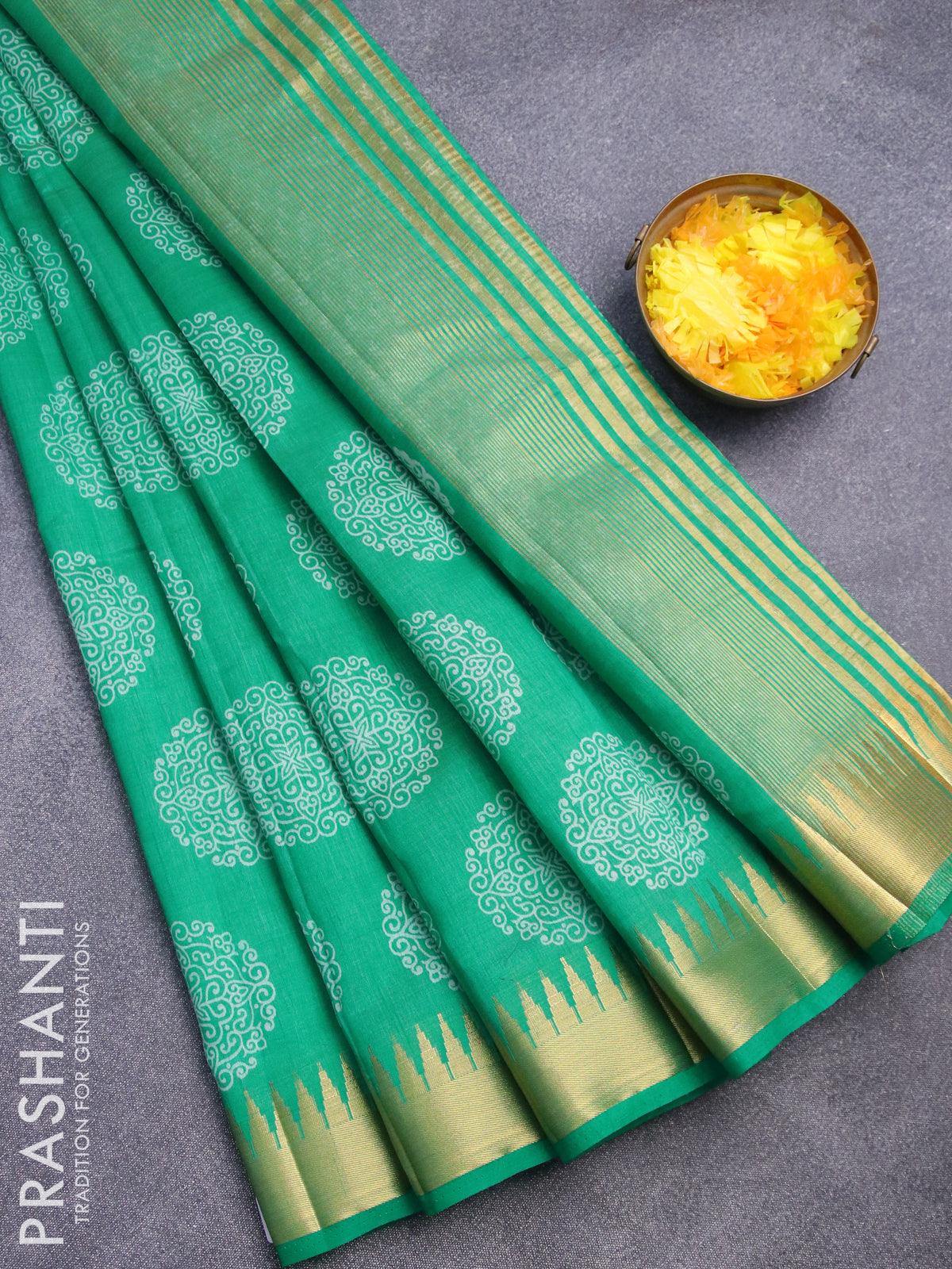 Dupion silk saree green and blue with allover prints and temple woven –  Cherrypick