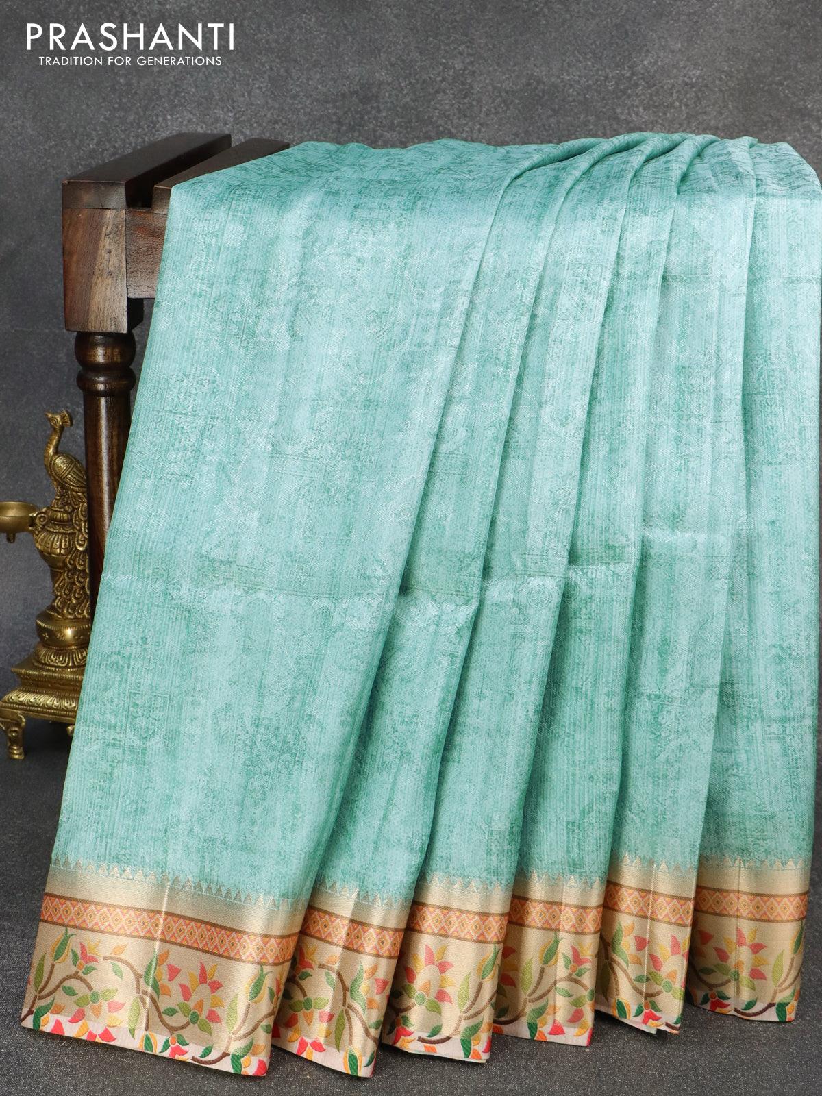 Semi raw silk saree pastel blue with allover self emboss & digital pri –  Cherrypick