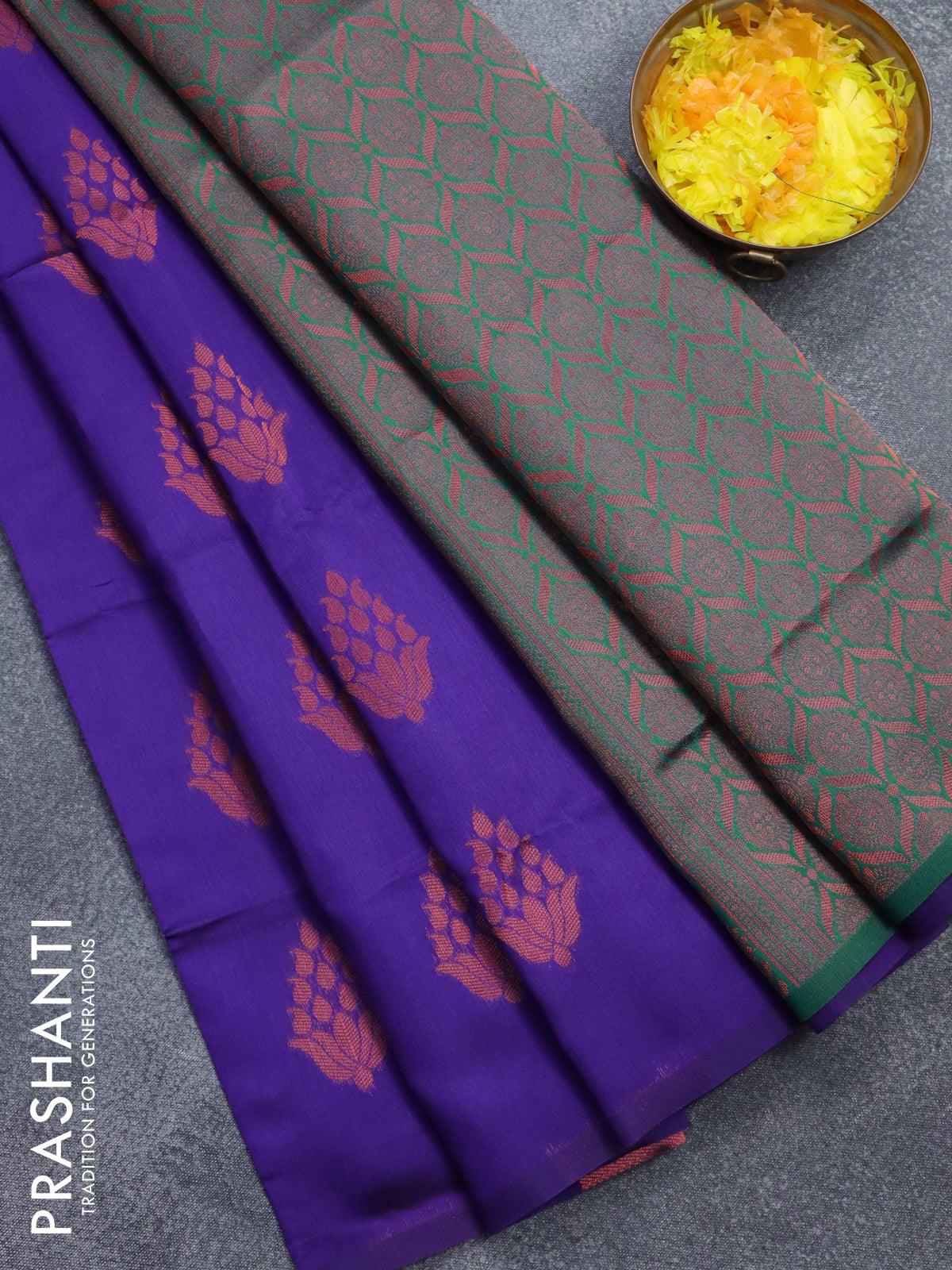 Semi soft silk saree deep purple with zari woven floral buttas in bord –  Cherrypick