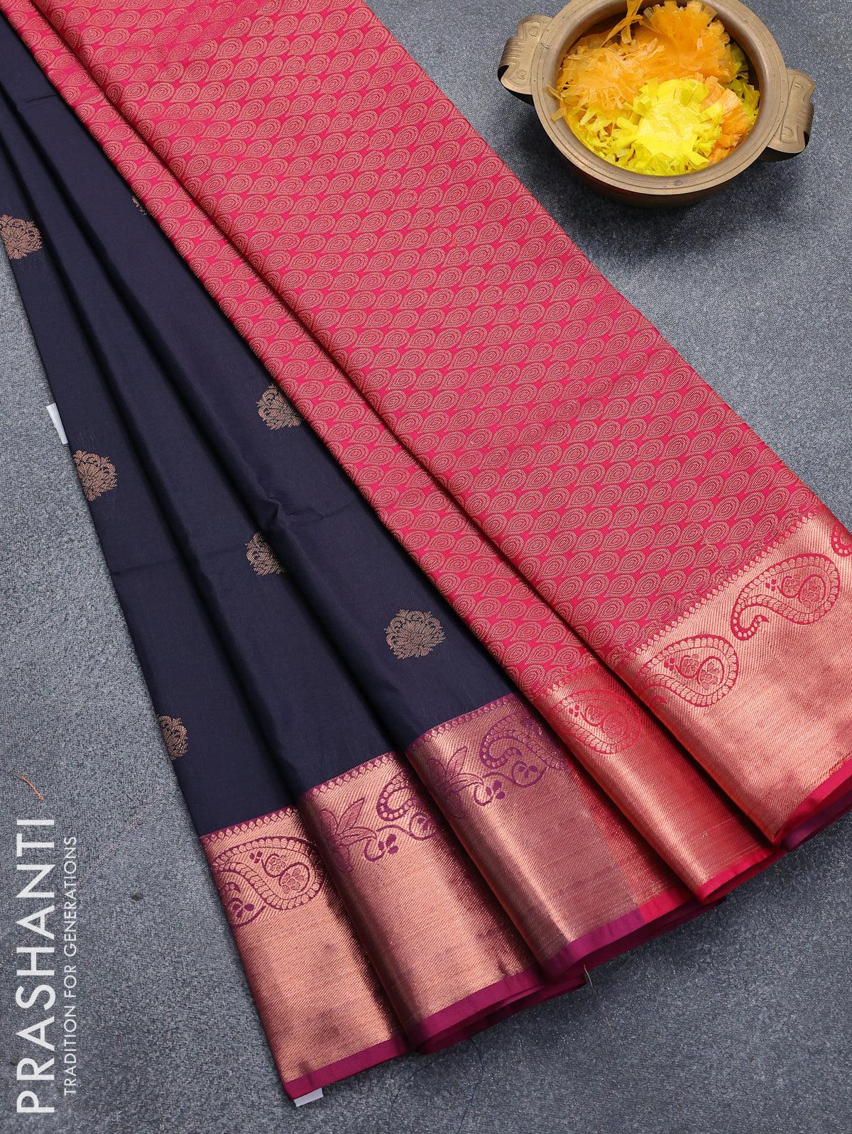 Beige With Navy Blue Print Soft Silk Saree