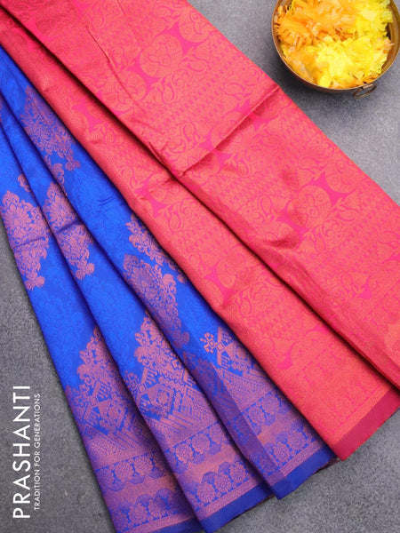 Watermelon pink semi-soft silk saree with unique zari designs, contrast  plain border & intricate floral design pallu