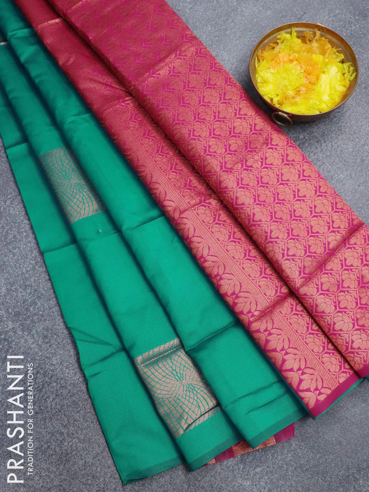 Semi soft silk saree teal blue with copper zari woven buttas in border –  Cherrypick