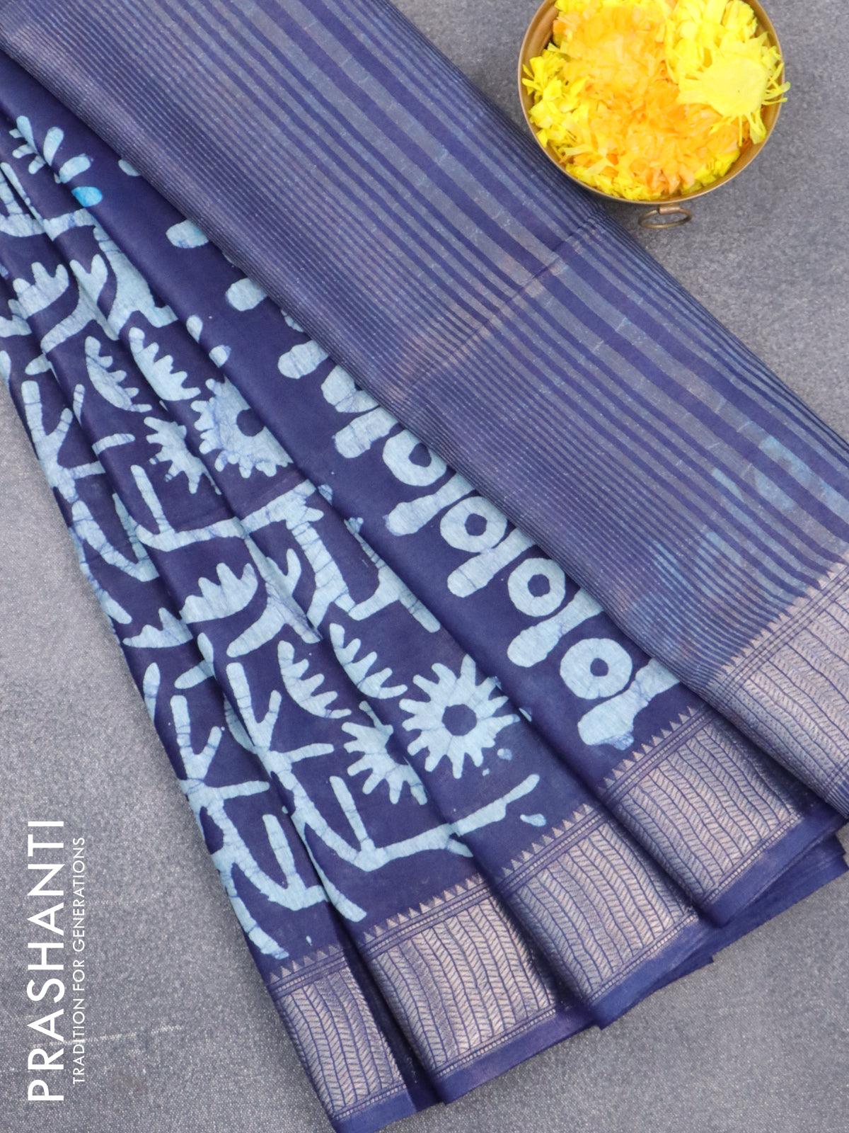 Semi tussar saree dark blue with allover batik prints and zari