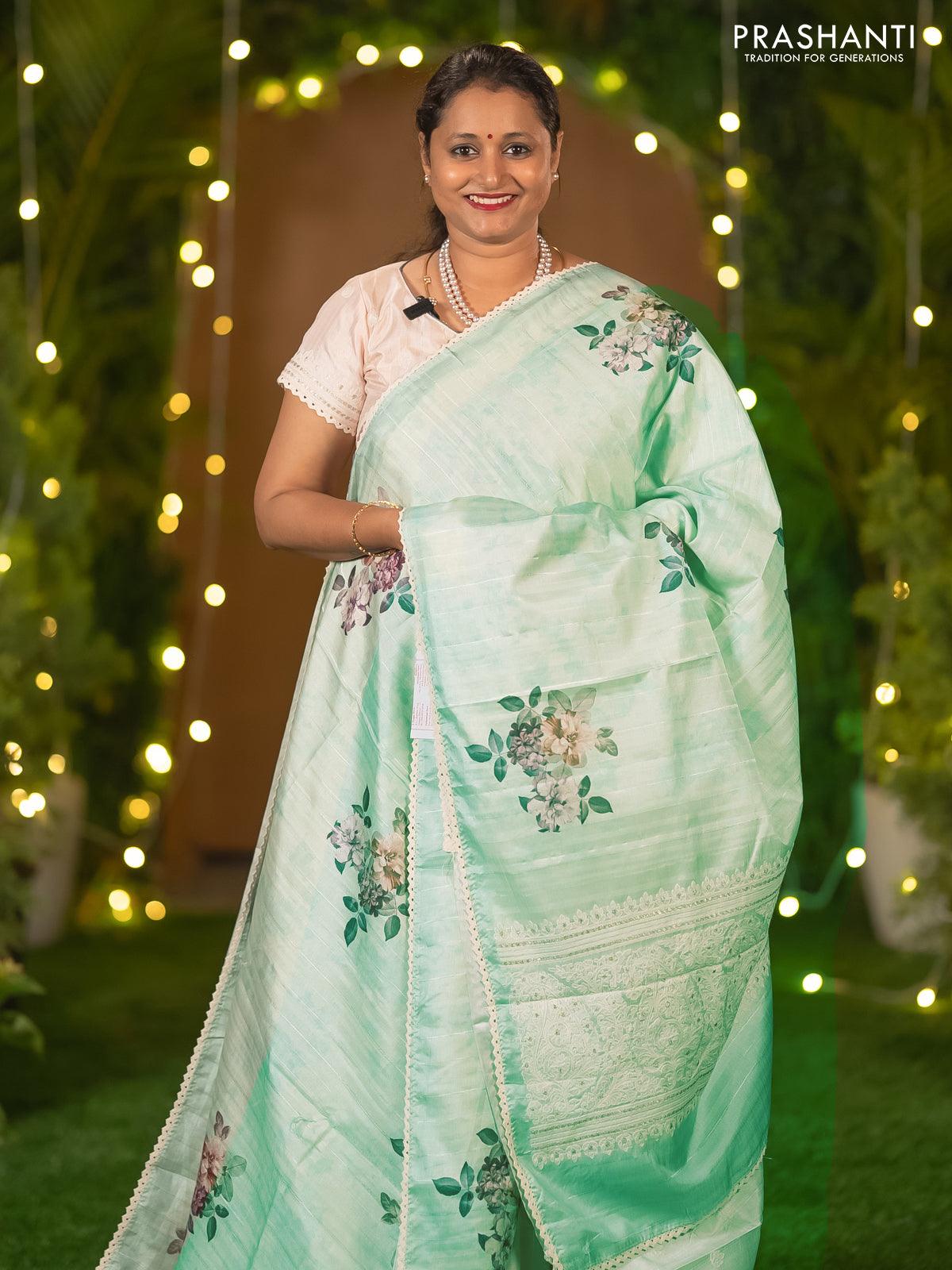 Plain Green With Yellow Border Uniform Crepe Saree – Satish Silk Mills