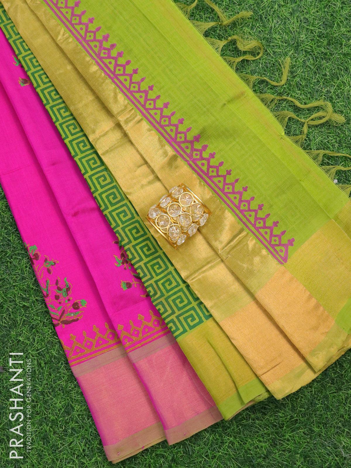 Silk cotton saree light green and pink with plain body and zari woven –  Cherrypick