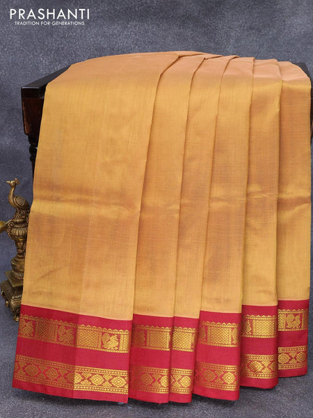 Silk cotton saree yellow and purple with plain body and annam zari wov –  Cherrypick