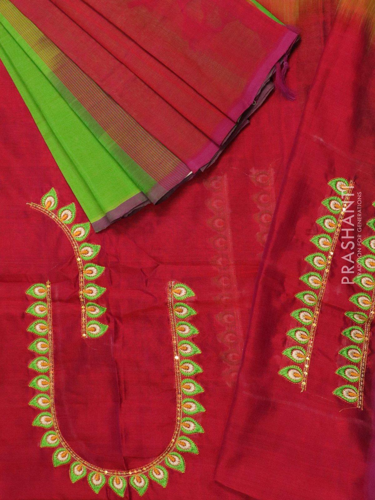 Silk cotton saree green and dual shade of red with piping border and e –  Cherrypick