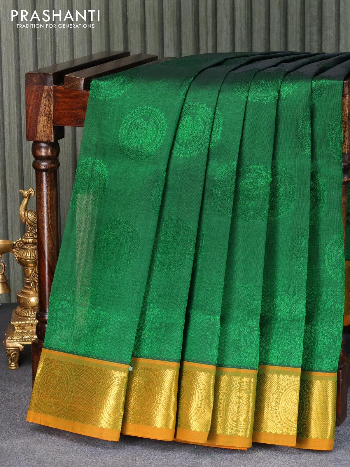 Yellow and Green Kubera Pattu/ Semi Silk Saree – Sharvari's